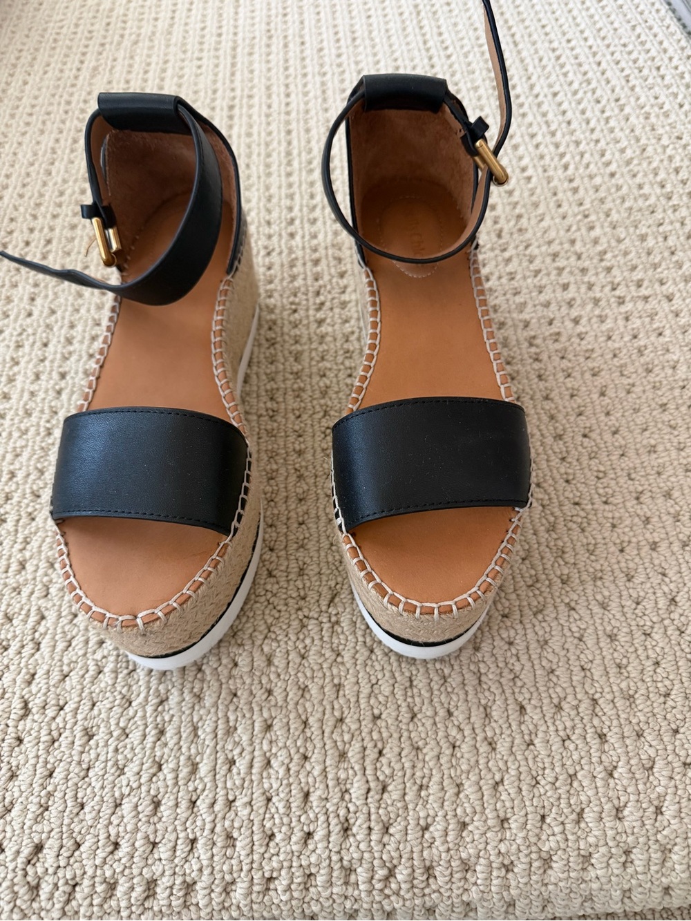 See By Chloe Black Wedge Espadrille Sandals with Ankle Strap